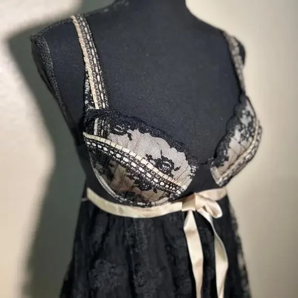 Delicates Black Cream Lace Babydoll Cottagecore Fairy Satin Bow Lingerie Dress - Picture 3 of 6